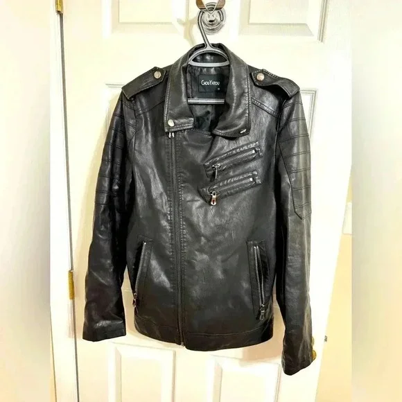 ChouYatou Men's Black Faux Leather Jacket Size: XS - Picture 2 of 16